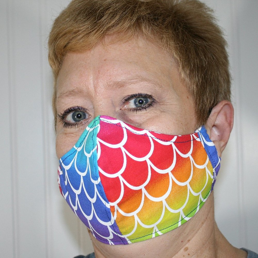 HAND CRAFTED Face Mask Rainbow Mermaid Scales Cotton - Adult - Shield Style